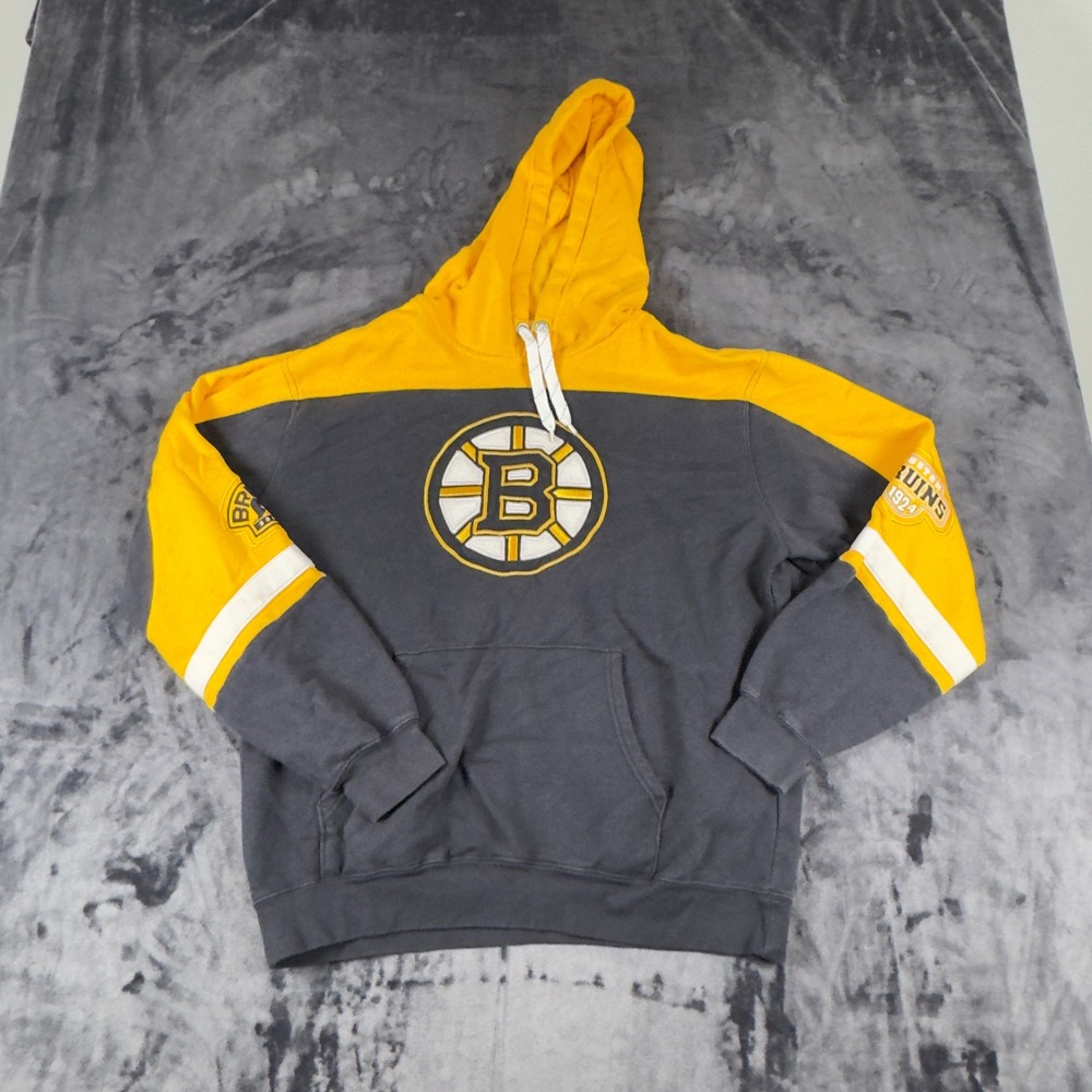 NHL Boston Bruins Hoodie Mens Medium Gray Gold Colorblock Pullover Sweatshirt